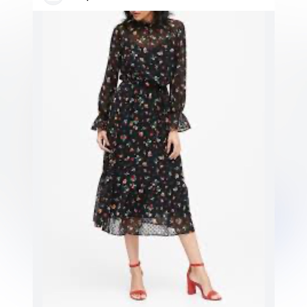 Banana Republic Black Floral Long-Sleeve Midi Dress